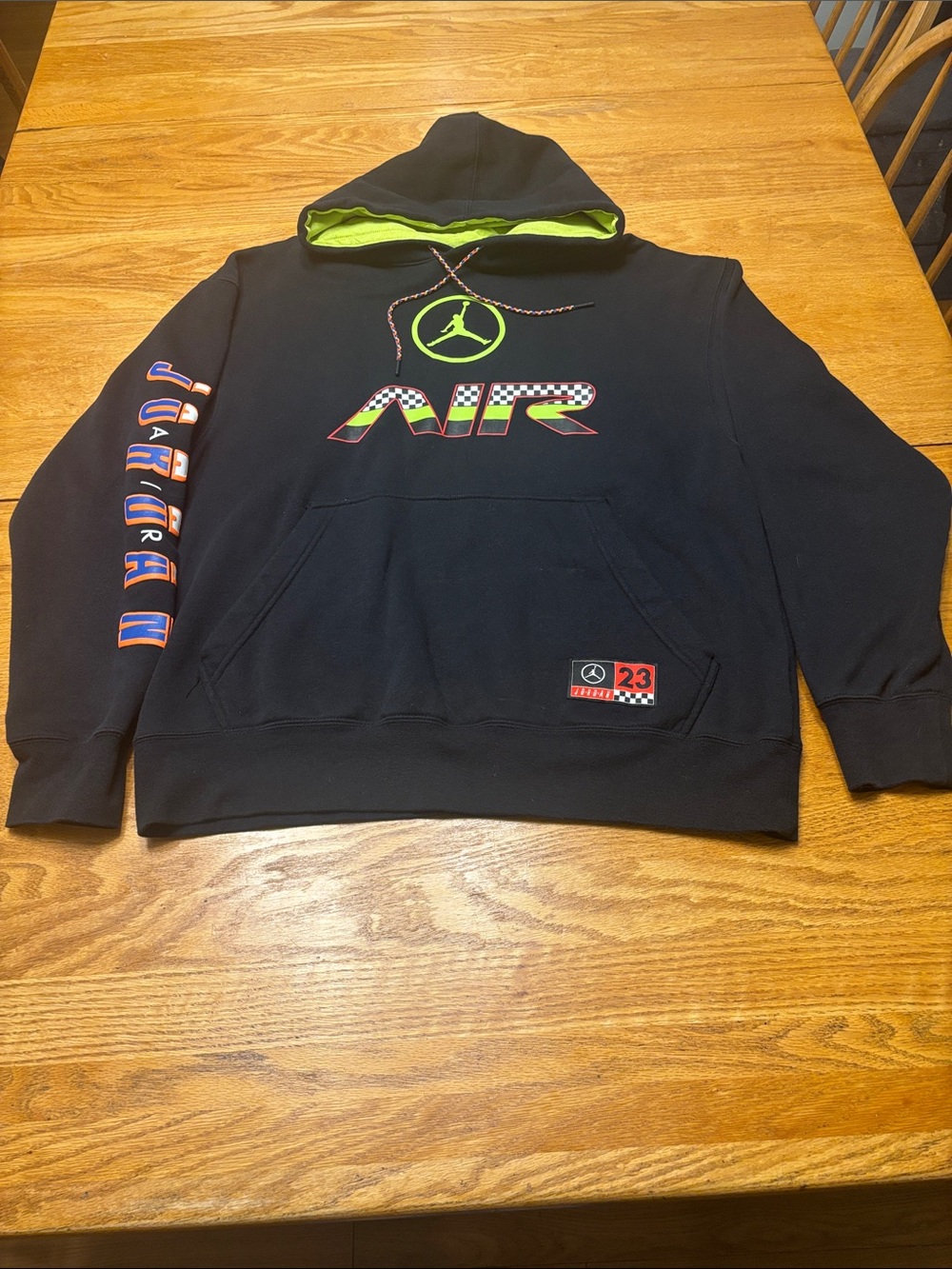 Jordan Men's Black Large Hoodie with Neon Lime Lining and Multicolor AIR Graphic - Picture 6 of 9